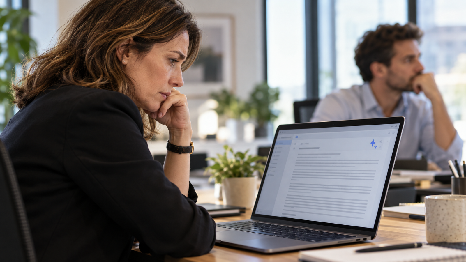 “A concerned manager reads an AI-assisted email while a colleague sits in the background.”